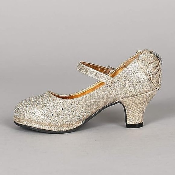 Toddler/Little/Big Girl Glitter Rhinestone Bow Mary Jane Kitten Heel Pump -RGold - Picture 3 of 6